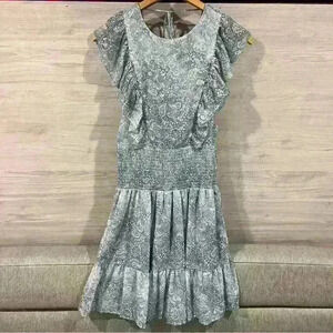 Michael Kors Blue Golden Paisley Mini Dress Ruffle Sleeves Stretchy Waist XS